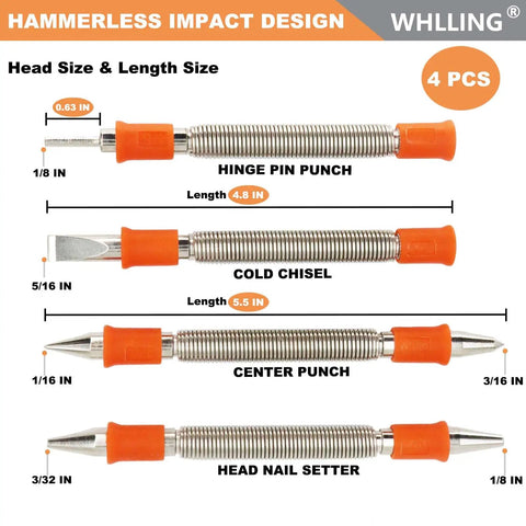 Professional Grade Spring Loaded Dual Head Nail Setter And Center Punch Workhorse Built From Heat Treated Steel For Tough Woodworking Jobs That Throw Kickin Force And Require Zero Finesse Setup - 4 piece tool set displayed with sizes.