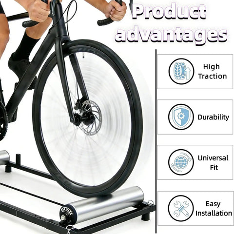 Cyclist on trainer displaying Beefy Urethane Roller Belt Replacement for Treadmills Conveyors and Fitness Machines, focus on traction.