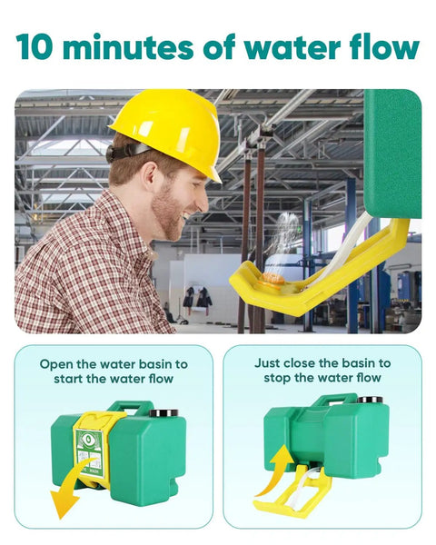 Close-up of Portable Eight Gallon Eyewash Station with gravity-fed water flow demonstration for emergency rinsing in worksite.