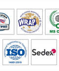 Five certification logos including C-TPAT, WRAP, MS CERT, ISO 14001:2015, and Sedex.
