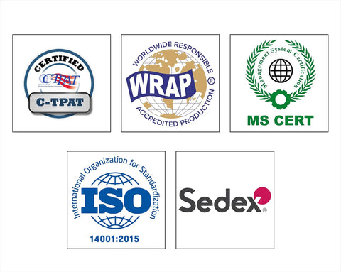 Five certification logos including C-TPAT, WRAP, MS CERT, ISO 14001:2015, and Sedex.