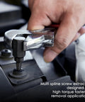 Close-up of multi spline screw extractor in use for high torque applications from 55 Piece Screw Extractor Kit For Removing Broken Or Stripped Screws, Bolts, Studs And Lugs With Left Hand Drill Bits And Easy Out Tools, High Torque, Durable Chrome Molybdenum Steel Construction