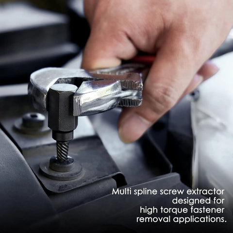 Close-up of multi spline screw extractor in use for high torque applications from 55 Piece Screw Extractor Kit For Removing Broken Or Stripped Screws, Bolts, Studs And Lugs With Left Hand Drill Bits And Easy Out Tools, High Torque, Durable Chrome Molybdenum Steel Construction