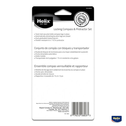 Back packaging of Slick Twist Lock Compass And Protractor Set For Precise Geometry Drafting featuring lock and retractable tip.