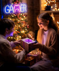 Led Gamer Neon Sign Dimmable With Adjustable Brightness For Game Room Decor lighting up holiday gift exchange scene with kids