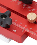 Close-up of Table Saw Thin Jig with Roller Design, Aluminum Alloy Build, showing measurement marks and adjustment knobs.