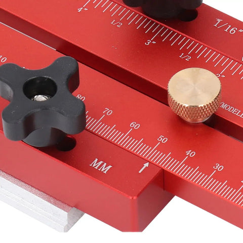 Close-up of Table Saw Thin Jig with Roller Design, Aluminum Alloy Build, showing measurement marks and adjustment knobs.