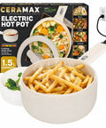 All In One Electric Hot Pot With Steamer And Lid 1.5L Nonstick Ceramic Cooker with fries and broccoli, packaging shown