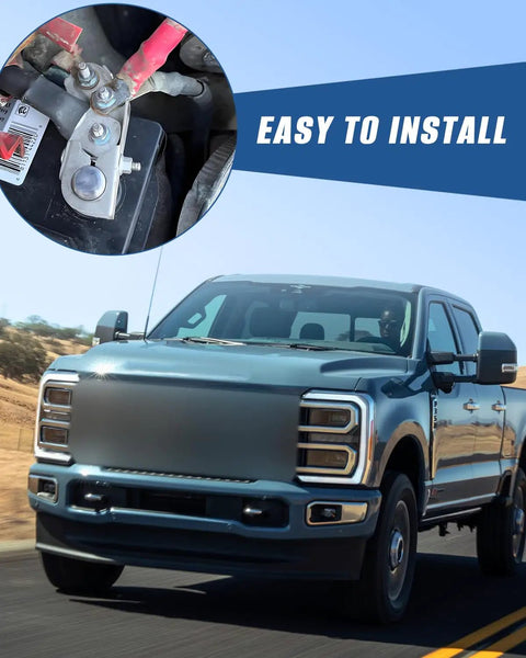 Heavy Duty Battery Terminal Set Positive 926603 Compatible With Ford Super Duty F250 F350 F450 And Silverado 1500 2500 3500 Pickup Trucks Plus Negative Terminal BT4A14450BA Replacement shown installed on a truck battery, easy to install feature displayed.