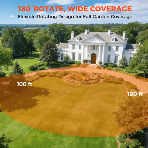 A white mansion with a garden, showcasing 180° coverage by Pro Grade Retractable Garden Hose Reel Five Eighth Inch By One Hundred Feet