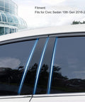 Installed six-piece glossy black side window pillar trim decals for Civic Sedan 10th Gen (2016–2021).