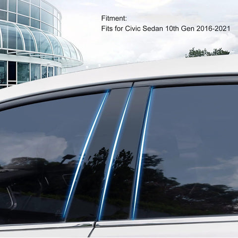 Installed six-piece glossy black side window pillar trim decals for Civic Sedan 10th Gen (2016–2021).