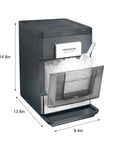 Snag This No Hassle Countertop Ice Maker That Cranks Out 33 Pounds Of Chewable Nugget Ice Daily Featuring A Sleek Black Exterior And Premium Steel Accents For Your Ultimate Home Bar Setup, dimensions shown.