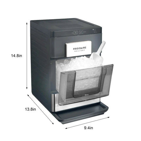 Snag This No Hassle Countertop Ice Maker That Cranks Out 33 Pounds Of Chewable Nugget Ice Daily Featuring A Sleek Black Exterior And Premium Steel Accents For Your Ultimate Home Bar Setup, dimensions shown.