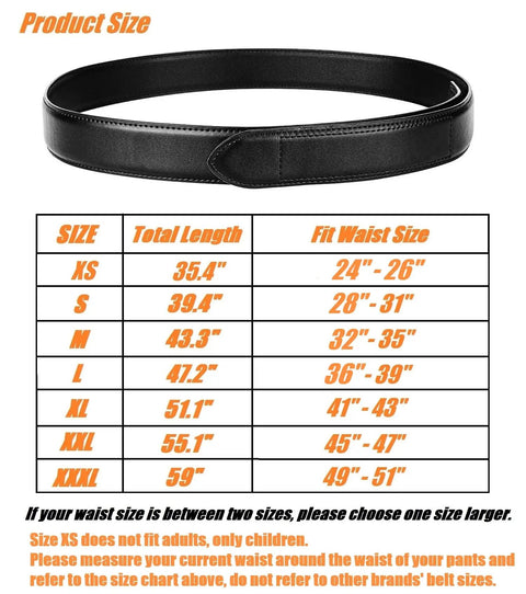 Mechanic Belt With No Scratch Genuine Leather One And Three Eighths Inch Wide Belt With Hook And Loop Closure Black shown with size chart