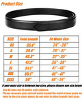 Kick-Ass Genuine Leather Belt Featuring A Secure Hook And Loop Closure For Heavy Duty Mechanics And Tradesmen That Locks Tight Without Annoying Holes For Rock Solid Comfort size chart with waist measurements.