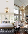 Gold Orb Chandelier With Three Lights Modern Globe Ceiling Fixture for dining room and bedroom, adjustable height.