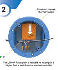 Close-up of 3 Way Dimmer Wireless Switch Kit showing pairing process with a green LED indicator.