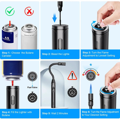 Instructions for using Refillable Butane Torch Lighter With Four And A Half Inch Flexible Neck, Windproof Long Reach Flame.