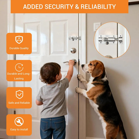 Barrel Bolt Latch Three Inch Slide Door Lock Set Stainless Steel Privacy Lock With Screws Four Pack Ideal For Bedrooms Bathroom Balcony Gates Heavy Duty Home Security Easy Install on white door with child and dog