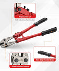 14 Inch Beefy Heavy Duty Bolt Cutter with CRV Steel Blades and Ergonomic Comfort Grip showcasing adjustable nut and rubber grip.