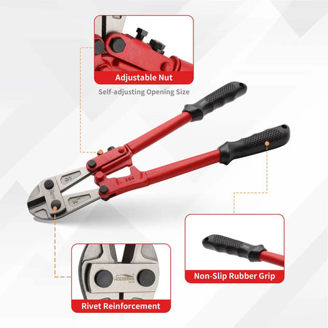 14 Inch Beefy Heavy Duty Bolt Cutter with CRV Steel Blades and Ergonomic Comfort Grip showcasing adjustable nut and rubber grip.