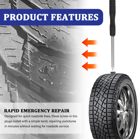 100 Piece Screw Tire Plug Kit With Screwdriver Three Sized Plugs For Quick Puncture Repair Self Tapping Rubber Nail Tire Repair Kit For Car Truck Motorcycle Durable Easy Install shown with tire and screwdriver