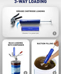 Image showing 3-way loading options for Heavy Duty Pistol Grip Grease Gun Kit 14oz Mini Grease Gun With 6000 PSI Leakproof Seal.