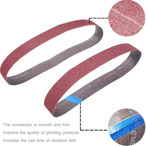 Close-up of 18 Pack 1-1/2 X 30 Inch Sanding Belts Set For Pipe Tubing Polisher Sander With 60 80 120 150 240 400 Grit Aluminum Oxide Belts