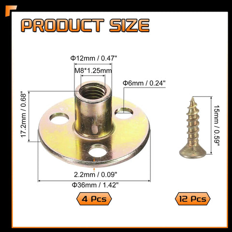 Hella Tough 4 Piece M8 Tee Nuts Zinc Plated Steel Panel Fasteners With Screws shown with dimensions and specifications.