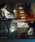Battery Powered LED Motion Sensor Lights 4 Pack for Closet Under Cabinet Hallway and Night Use shown in various settings