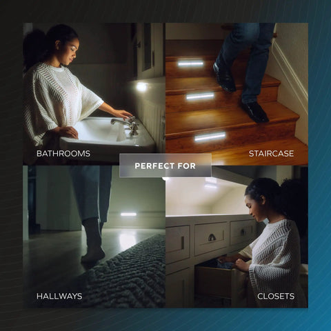 Battery Powered LED Motion Sensor Lights 4 Pack for Closet Under Cabinet Hallway and Night Use shown in various settings