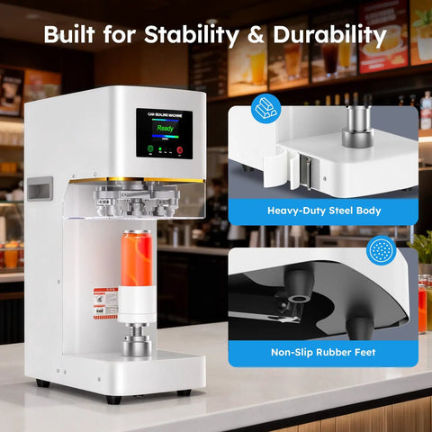 No Sweat Heavy Duty Commercial Can Sealer Machine with heavy-duty steel body and non-slip rubber feet on a counter.
