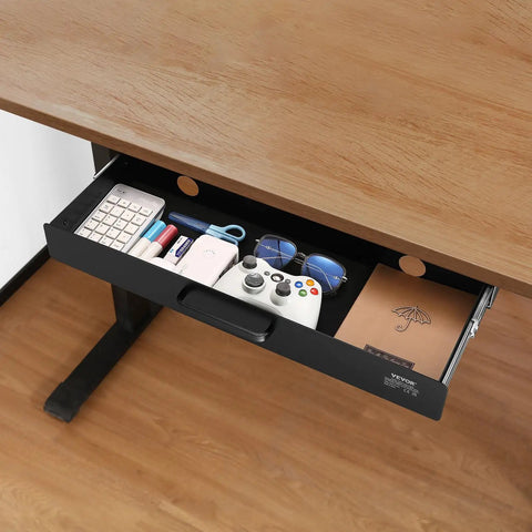 Heavy Duty Under Desk Drawer Slide Out Smooth Glide Hidden Counter Storage For Office And Home Sit Stand Workstation Slick Black Metal with office supplies.