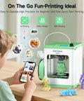 Child using Tina2S 3D Printer with smartphone app, showcasing WiFi cloud printing and model library for beginners and kids.