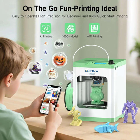 Child using Tina2S 3D Printer with smartphone app, showcasing WiFi cloud printing and model library for beginners and kids.