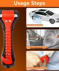 Car Window Breaker Hammer And Seat Belt Cutter 2 In 1 Emergency Escape Tool For Cars Safety Glass Breaker Auto Safety Essentials And Accessories 3 Pack showing usage steps.
