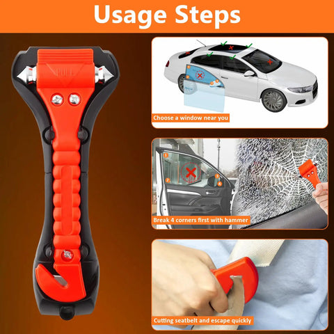 Car Window Breaker Hammer And Seat Belt Cutter 2 In 1 Emergency Escape Tool For Cars Safety Glass Breaker Auto Safety Essentials And Accessories 3 Pack showing usage steps.