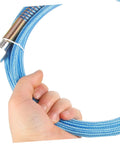 Person holding a blue Heavy Duty PTFE Steam Hose for Steam Irons, Lightweight, Flexible and Built to Last, showing connectivity end.