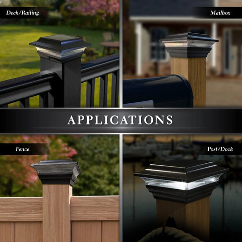 Black Solar Post Cap For 4x4 And 3.5x3.5 Posts With Auto On At Dusk Keeps Your Deck Lit All Night High Performance LED applications