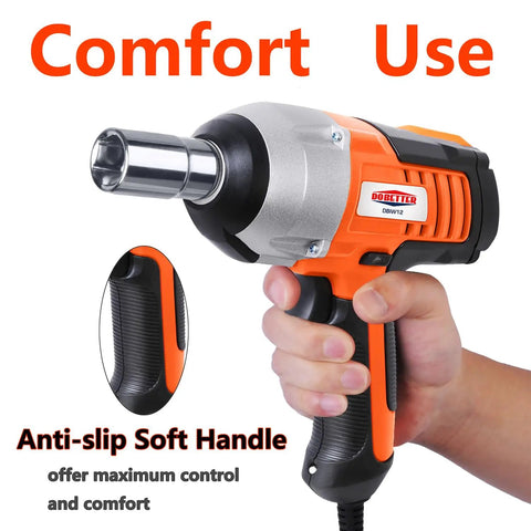 12V Corded Impact Wrench Kit With Half Inch Drive Sockets Carry Case LED Light Bubble Level Long Power Cord 400 Nm Torque Built For Easy Night Repairs For Cars showing soft handle