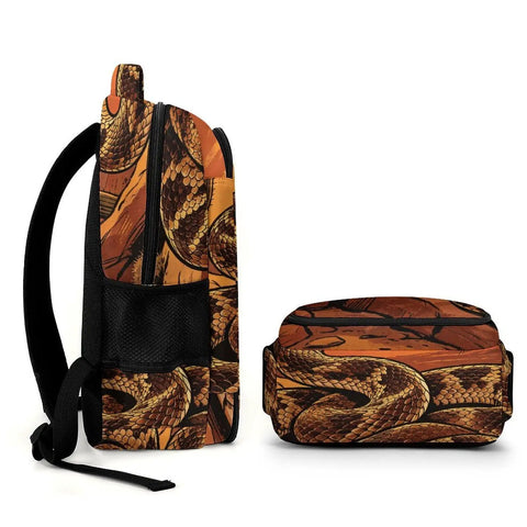 Side view of Retro Sunset Western Snake Printed Backpack For Everyday Use Unisex Large Capacity Durable Polyester Travel School Daypack.