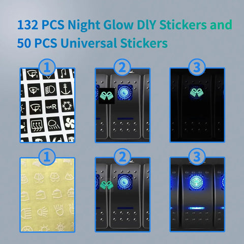 Beefed Up 8 Gang 12V Marine Rocker Switch Panel With PD Type C And USB Charger DC 12 24V LED Voltmeter Boat Dash Button Toggle Switch Pre Wired 5 Pin SPST On Off For Car RV ATV UTV Truck Yacht Ship shown with DIY stickers.