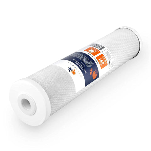 5 Micron 20x4.5 Water Filter Cartridges 8-Pack For Your Whole House Filtration, CTO carbon block, angled view of single cartridge