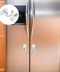 Kidproof Fridge Lock With Adjustable Password Code on stainless steel fridge, no drilling adhesive mount, universal white fit.