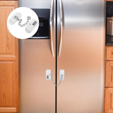 Kidproof Fridge Lock With Adjustable Password Code on stainless steel fridge, no drilling adhesive mount, universal white fit.