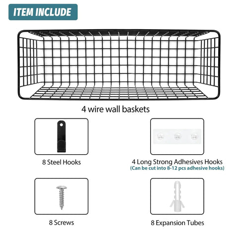 Extra Large Hanging Wall Mount Storage Baskets 4 Pack Sleek Black Wire Metal Organizer With Adhesive And Steel Hooks Badass Durability Zero Hassle Setup For Kitchen Bathroom Pantry And Utility Spaces