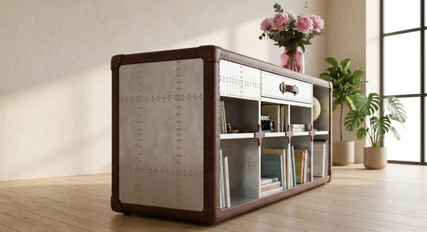 Sharp Aviator Bookcase Featuring Hand Beaten Aluminum Build And Single Storage Drawer Heavy Duty Industrial Home Office Shelves 60 Inches Tall in modern living space.