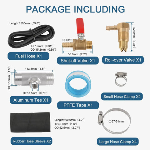 Diesel Gravity Fed Auxiliary Fuel Tank Install Kit contents including fuel hose, shut-off valve, aluminum tee, clamps, and PTFE tape.