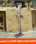 13 Inch Floor Drill Press With 7.5A Motor, Heavy Duty Cast Iron Construction For Wood And Metal Work in workshop setting.